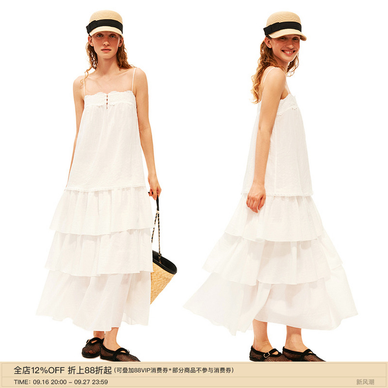 Puki 60% Lyocell Heavy Lace Patchwork Tiered Dress Lightweight Pleated Vacation Dress