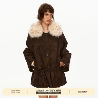 Puki classic fur collar jacket retro maillard straight mid-length suede padded jacket leather jacket