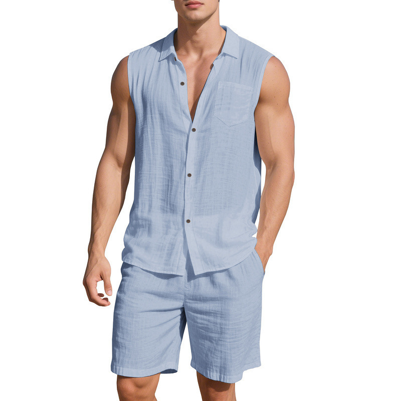 American-Style Trendy Vacation Casual Suit 2026 Spring and Summer Solid Color Linen Lapel Sleeveless Shirt Vest Shorts Set