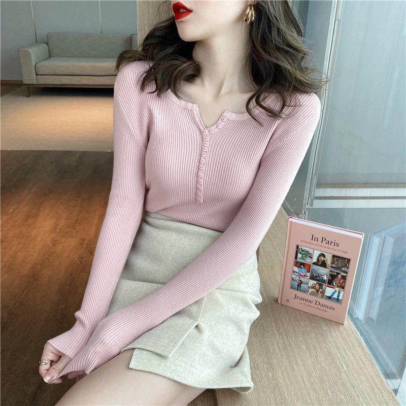 Don't-to-v-collar bottom-shirt female autumn-winter-to-be-knitted sweatshirt outside wearing collarbone tight sweater long sleeve blouses woman-Taobao
