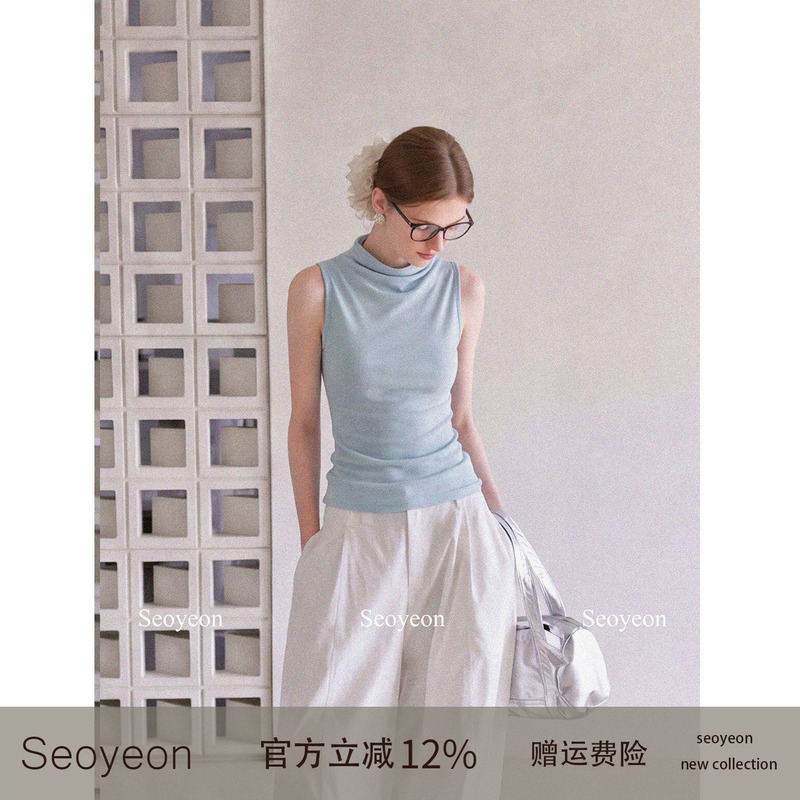 Seoyeon Lyocell Tencel Blue Half-High Collar Sleeveless Vest for Women, Summer Outerwear, Slim Fit Inner Top
