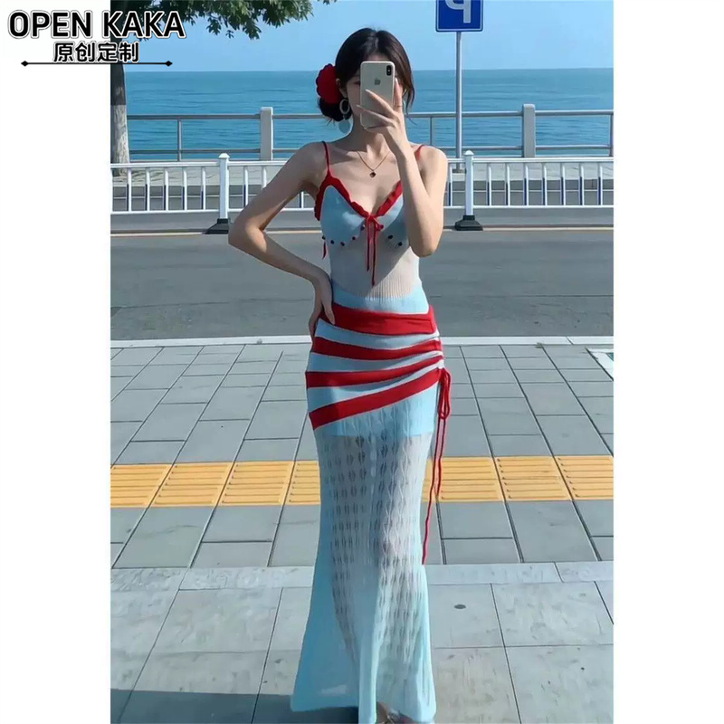 Beach Series - Thai-Style Two-Piece Swimsuit with Mohair Knit, Color-Blocked Striped Camisole, and Half-Skirt Seaside Vacation Set Beach Series - Thai-Style Two-Piece Swimsuit with Mohair Knit, Color-Blocked Striped Camisole, and Half-Skirt Seaside Vacation Set
