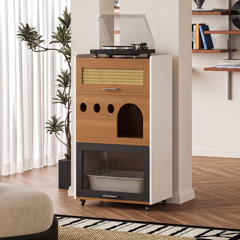 Cat Litter Cabinet, Antique-Style Solid Wood Integrated Cabinet, Multi-Layer Cabinet, Storage Cat Toilet, Fully Enclosed, Prevents Sand Splashing and Odor Isolation
