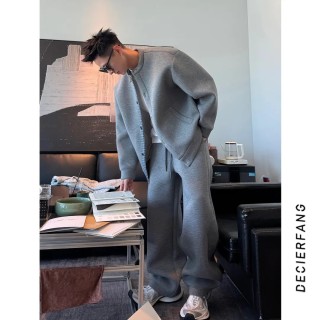 2025新款秋季拼接简约休闲运动套装男高级慵懒风外套休闲裤两件套