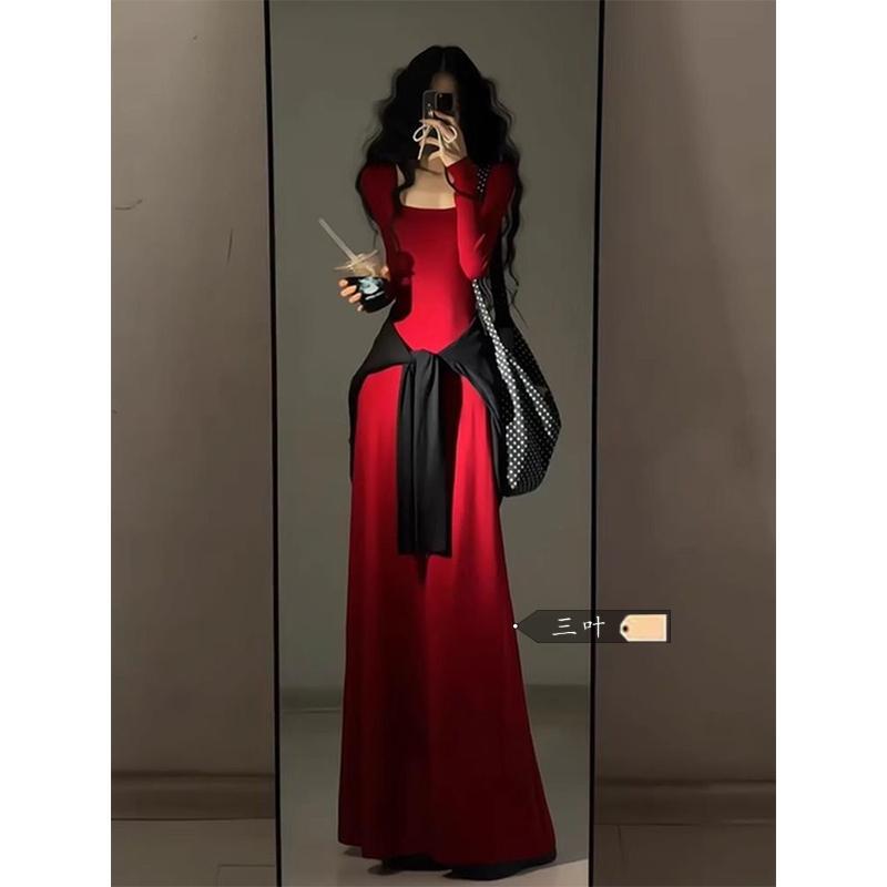 New Year's Dress, French-Style Elegant Red Long-Sleeved Dress for Women, High-End Coat, Inner Wear, Waist-Cinching, Slimming Long Dress