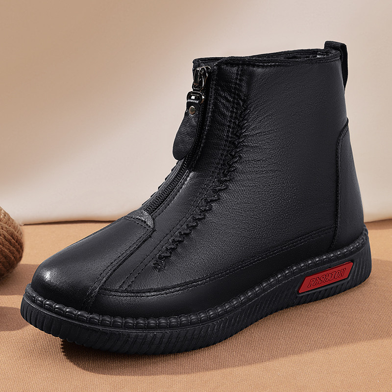 Old Beijing Cotton Shoes for Women, Winter Fleece-Lined and Thickened, Suitable for Middle-Aged and Elderly Mothers and Seniors, Warm, Non-Slip, Soft Leather Fabric Shoes, Grandma's Cotton Boots