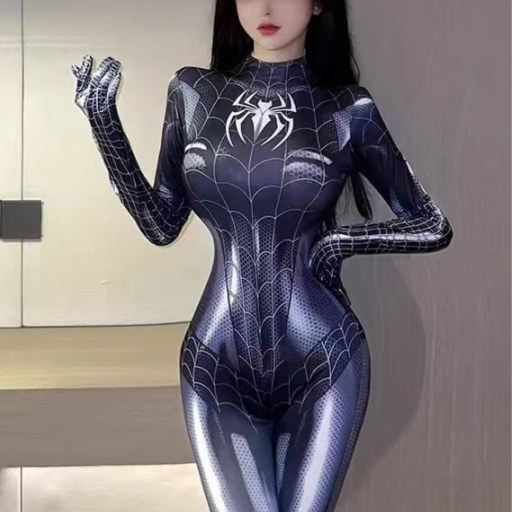 セクシーな黒のスパイダーマンボディスーツ、スパイダーウーマンコスチューム、大人のストリーマーコスプレ衣装