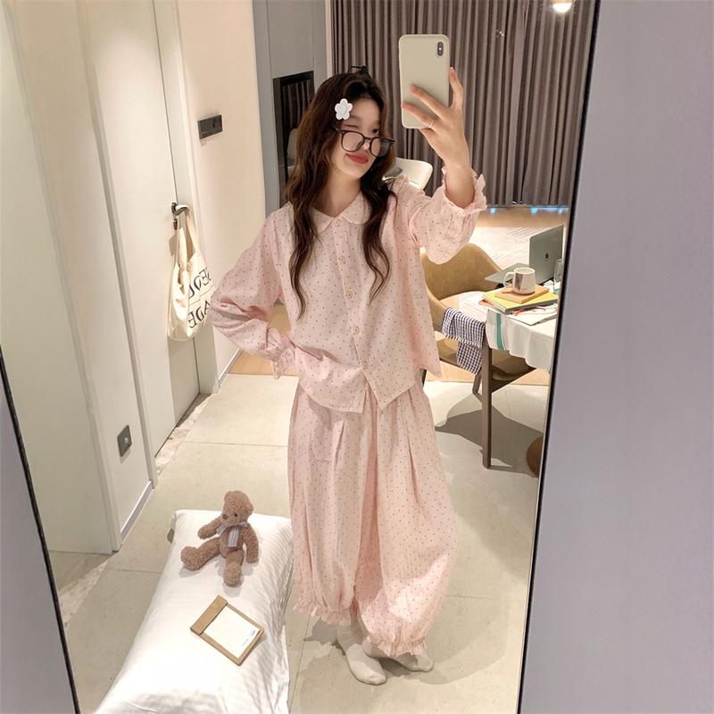 2026 Spring and Autumn New Sweet Style Polka Dot Pajamas for Women with Doll Collar, Long Sleeves, Pure Cotton Double Layer Gauze Homewear Set 2026 Spring and Autumn New Sweet Style Polka Dot Pajamas for Women with Doll Collar, Long Sleeves, Pure Cotton Double Layer Gauze Homewear Set