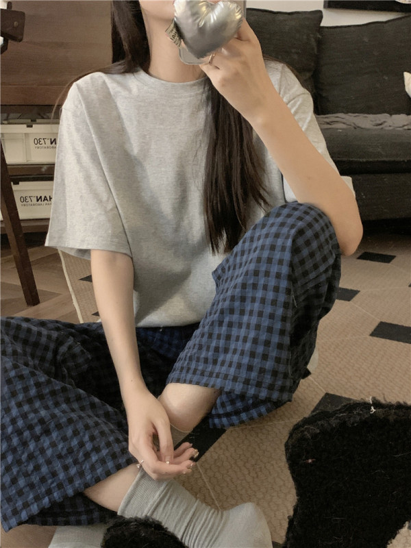 Korean Style Pure Cotton Pajamas for Women, Spring and Autumn, Sports and Leisure, Solid Color Plaid Short-Sleeved Long Pants Home Wear Set, Can Be Worn Outside