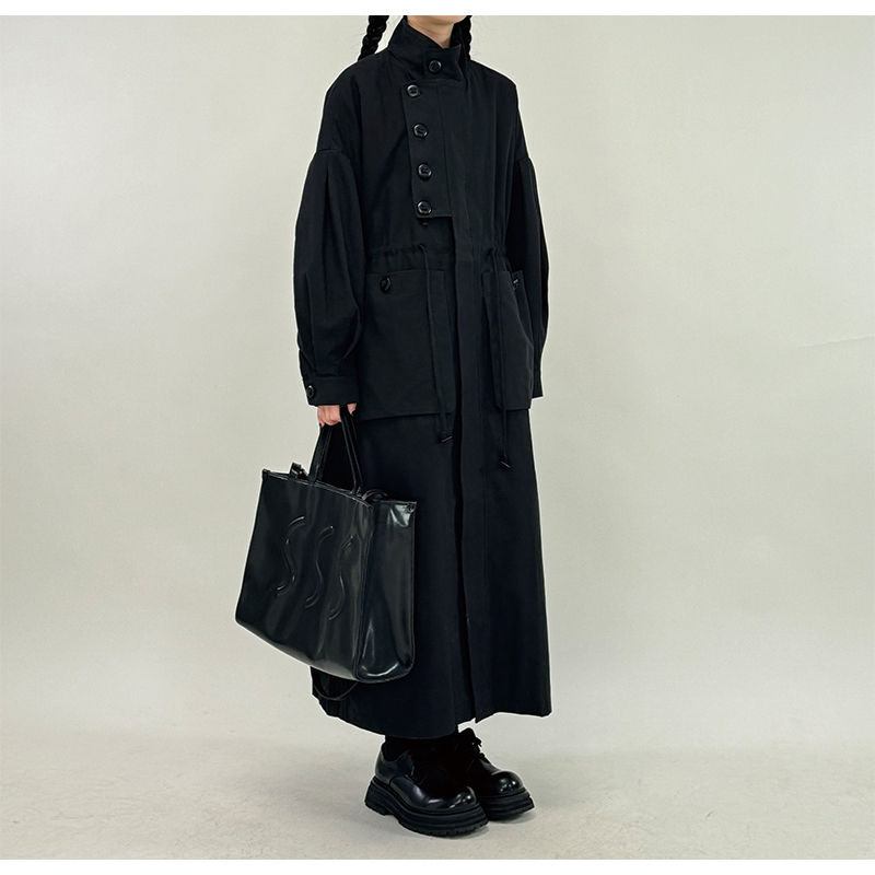 Stand Collar Long Trench Coat, Loose Asymmetrical Oversized Yamamoto Style Dark Niche Design Jacket 2467