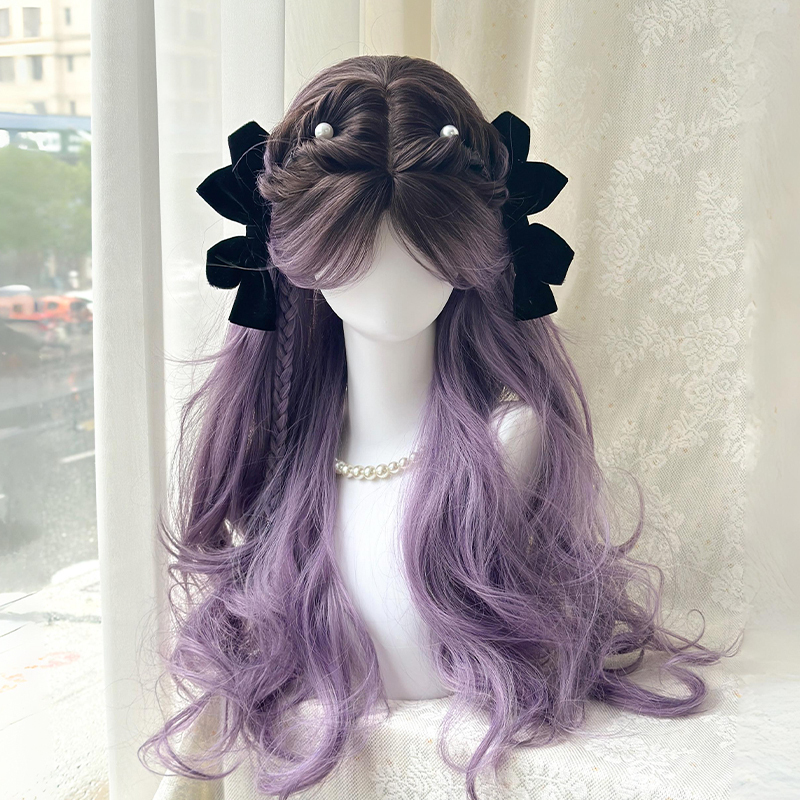 Gray-Purple Gradient Wig for Women, Long Hair, Middle Part, Large Wavy Curls, Cosplay Qi Yu Couple Hair Color, Full Head Wig Style
