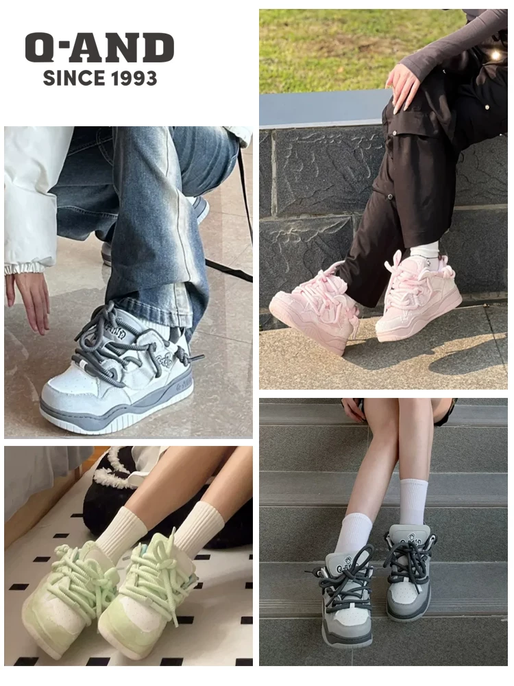 QAND QANDA pink bread shoes ins Internet celebrity same style niche original sports and leisure thick-soled couple sneakers