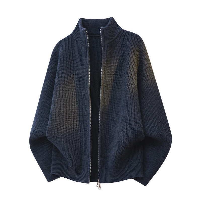 Stand Collar Double Zipper Knitted Cardigan for Men, Loose Fit, High-End Casual Sweater Jacket, Autumn 2026 New Style Knitwear