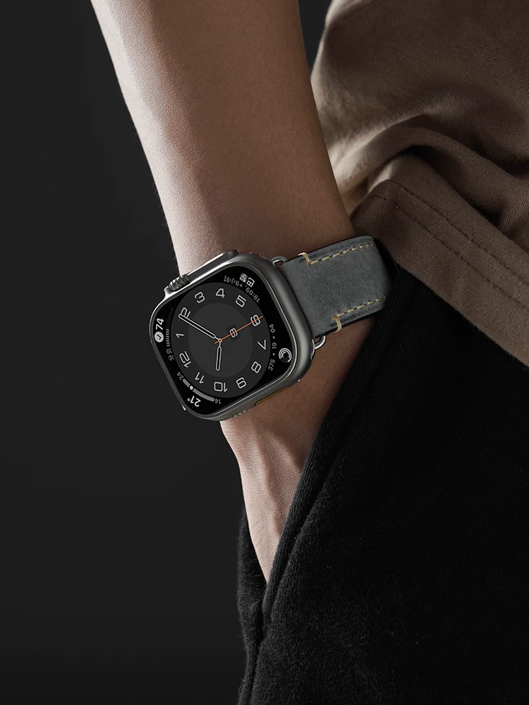 表带哥 Applicable Apple iWatchs9 watch with leather Applewatch strap metal IWATCH8 men's autumn and winter new AppleWatchultra2 generation apple watch women's models