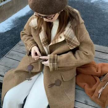 牛角扣连帽双面羊绒大衣女中长款2025秋冬新款宽松格子羊毛外套
