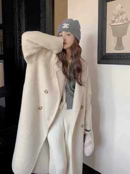 米白色双面羊绒大衣女秋冬新款2024高级韩系温柔风中长款毛呢外套
