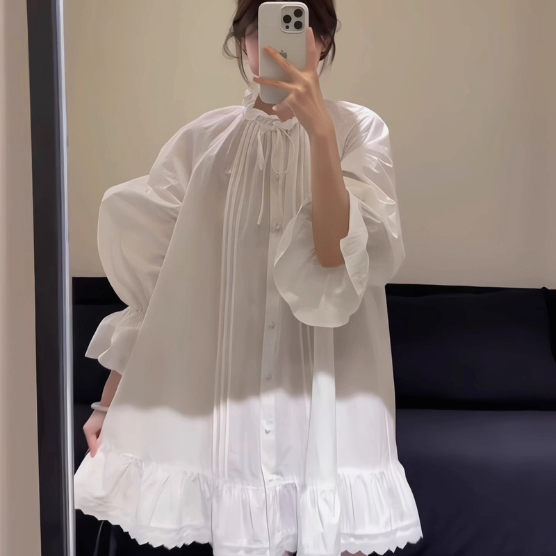 High-End Elegant Lace Splicing Lantern Sleeve Dress for Women 2025 Autumn French Style Loose Slimming Short Skirt