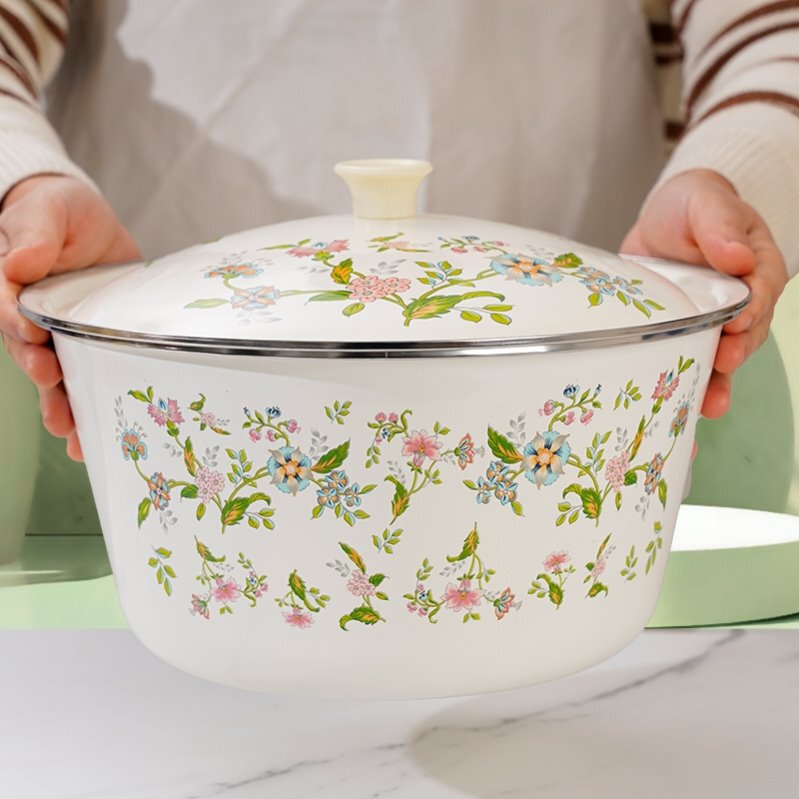 German Quality High-End Household Enamel Bowl and Basin with Lid, Iron Porcelain Bowl with Lid, Traditional Lard Porcelain Basin, Enamel Soup Bowl