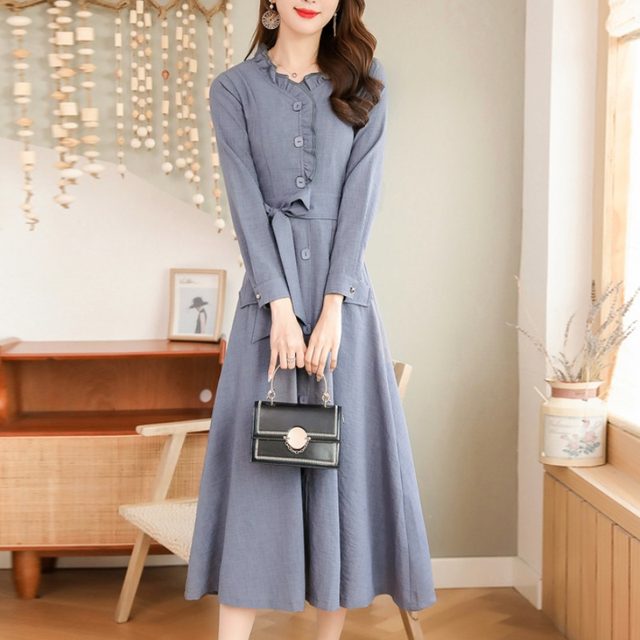 2023 new spring and autumn women's clothing middle-aged mother foreign style noble lady skirt elegant cotton linen slim dress