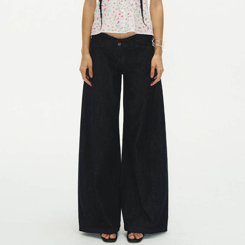 Selfsyntax Red Buttonhole Low-Waist Loose A-Line Washed Original Color Denim Pants