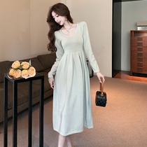 Real beat Herben Long sleeves knit dress dress French style vintage large U collar collection waist display slim large swing black long dress