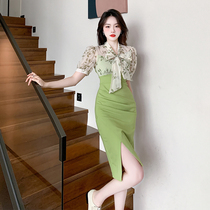 Korean female protagonist green patchwork floral dress high-end niche temperament goddess style slit hip skirt 906