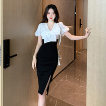 Summer 2023 French high-end light luxury black and white stitching bow dress womens waist slit dress skirt 905