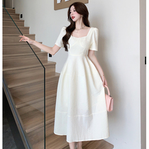 Real shot of French style beautiful dress for women in summer new high-end light luxury temperament Hepburn style square neck long skirt