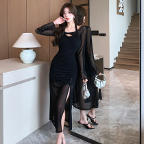 Real shot of pure lust high-end halter neck suspender dress for hot girls slim and sexy slit mesh long skirt