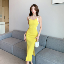 Real shot of 2023 suspender dress with high quality new summer style long backless lace-up knitted dress