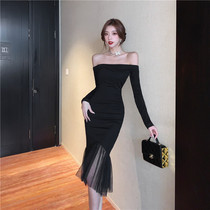 Slim-fitting 2022 autumn socialite French one-piece neckline hip-hugging fishtail mesh hem black dress