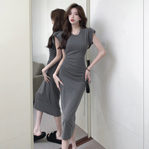 Real shot of Internet celebrity design small flying sleeve dress summer pleated Korean style waist slimming vest long skirt
