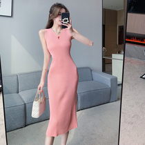 Real shot of simple Chinese style ice silk mid-length slim fit inner knitted vest dress sleeveless bottoming skirt