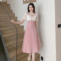 2023 new style French high-end temperament niche small fragrance square collar splicing dress summer women 917