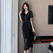 Real shot of high-end design lace holiday style French two-piece skirt summer new fashion suit skirt 960