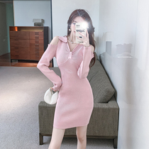 Real shot of 2022 autumn and winter new slim fit French off-shoulder sweater knitted bottoming dress 3173#