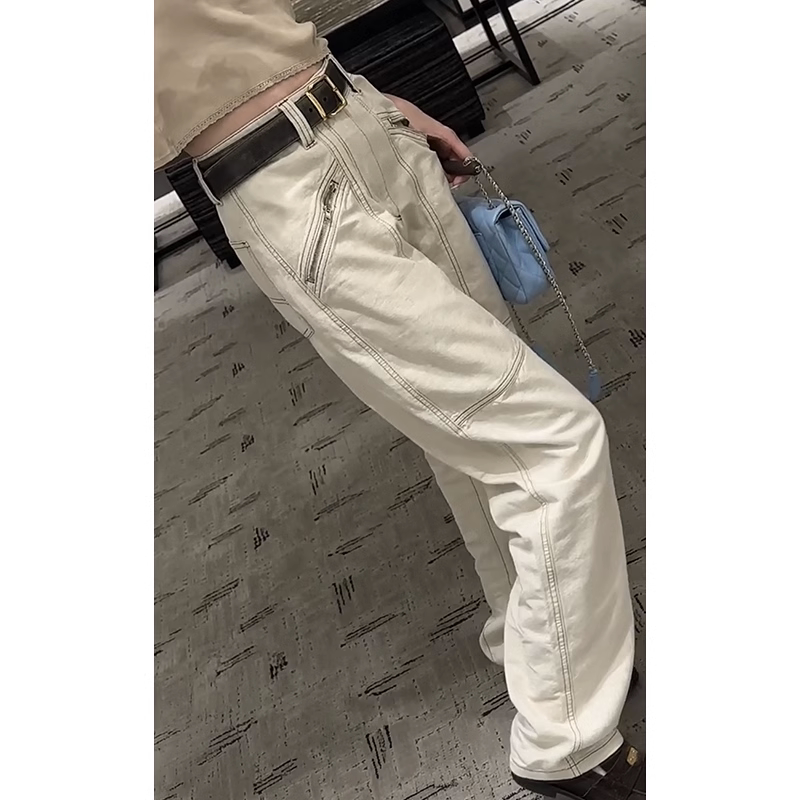 Plus-Size 2026 Spring High-Waisted Zipper Pocket Straight-Leg Jeans for Women, Fat-Friendly, Hip-Covering, Slimming, Wide-Leg, Floor-Length Pants