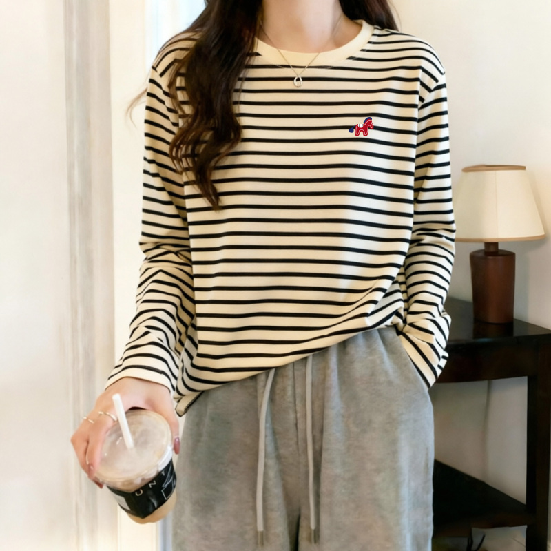 Striped Alignment】Striped Long-Sleeve T-Shirt for Women 2026 New Style Round Neck Loose Combed Cotton Base Shirt Autumn Top Striped Alignment】Striped Long-Sleeve T-Shirt for Women 2026 New Style Round Neck Loose Combed Cotton Base Shirt Autumn Top
