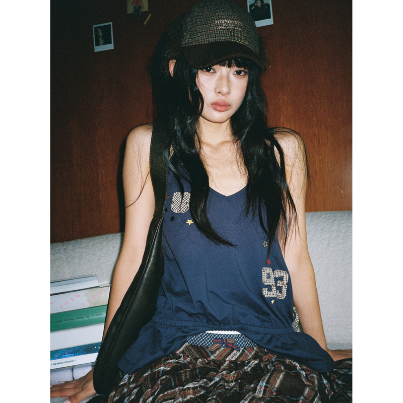 Moromoro New Cute Rabbit Patch Embroidery Contrasting Color Star Spray Horse Pure Cotton Waist Drawstring Camisole
