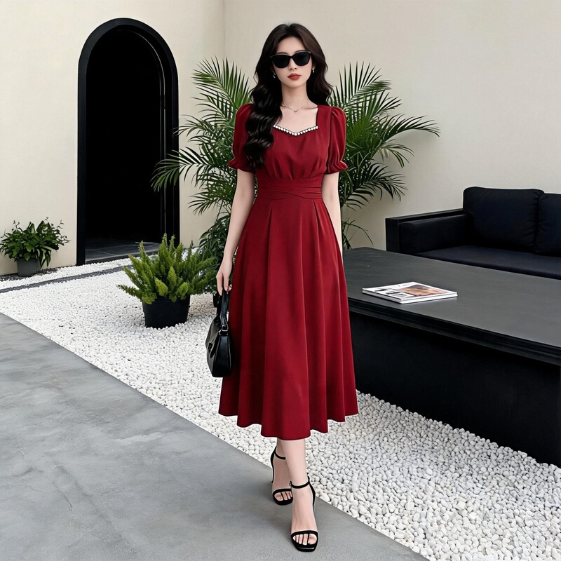 Summer Plus-Size Dress for Women, Fat mm (Size) 100kg - Red Square-Neck Dress That Covers the Belly, Looks Slimming, Short-Sleeved, Elegant Long Dress