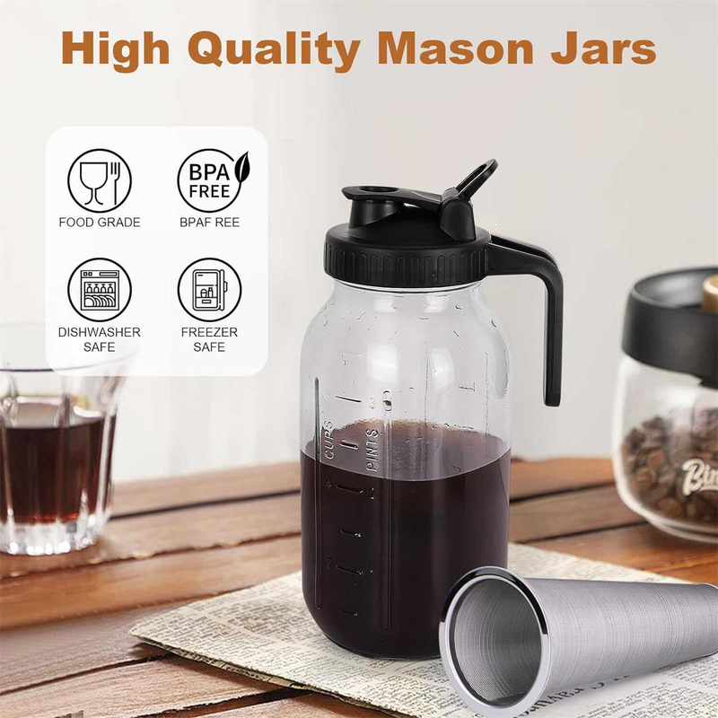 Amazon Coffee Filter 64oz with Scale Mason Jar Cold Water Pitcher Handle Lid 32oz Mason Beverage Glass Bottle