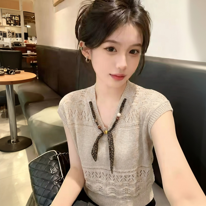 Vintage Silk Scarf Ribbon V-Neck Hollow-Out Knit Top for Women, 2026 Summer New Thin Semi-Sheer Flutter Sleeve Blouse Trendy Vintage Silk Scarf Ribbon V-Neck Hollow-Out Knit Top for Women, 2026 Summer New Thin Semi-Sheer Flutter Sleeve Blouse Trendy