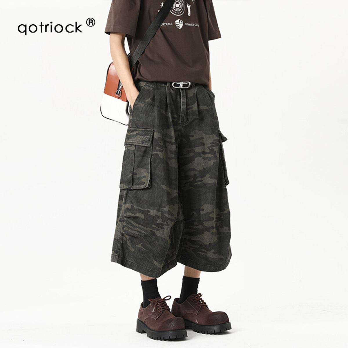 アメリカンカモフラージュ柄のクロップドパンツ（男女兼用）新スタイル、ナショナルトレンドのルーズカジュアルワークウェアショーツ、ダメージ加工ストレートワイドレッグパンツのトレンド