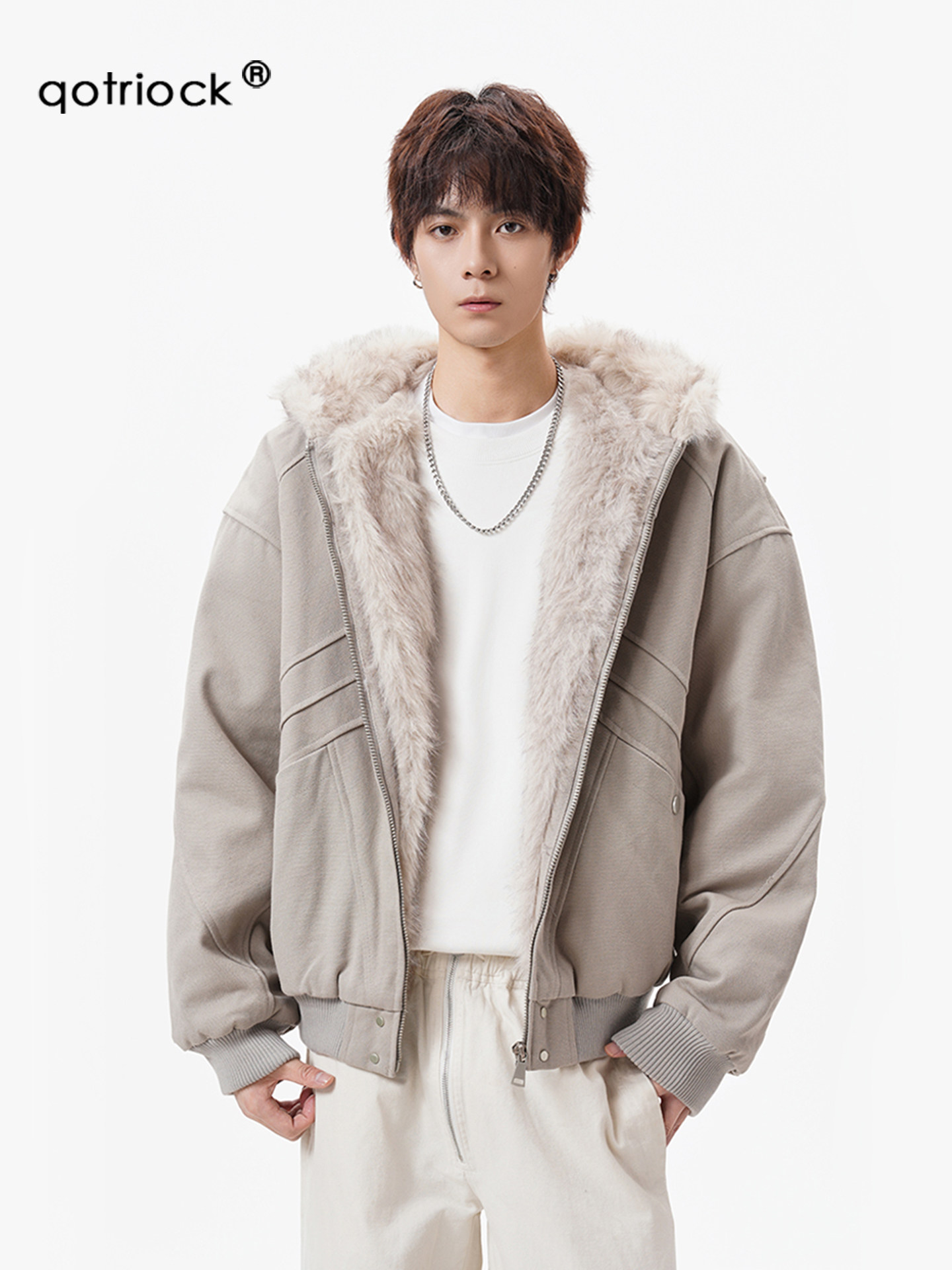 American-Style Boxy Hooded Cotton Jacket for Men, Winter, Cool and Stylish, Faux Rabbit Fur, Fleece-Lined, Warm Jacket