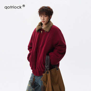 American-Style New Year Red Fur Collar Patchwork Cotton Jacket for Men and Women, Winter Loose Thickened Couple's Coat, Warm Workwear Cotton-Padded Jacket