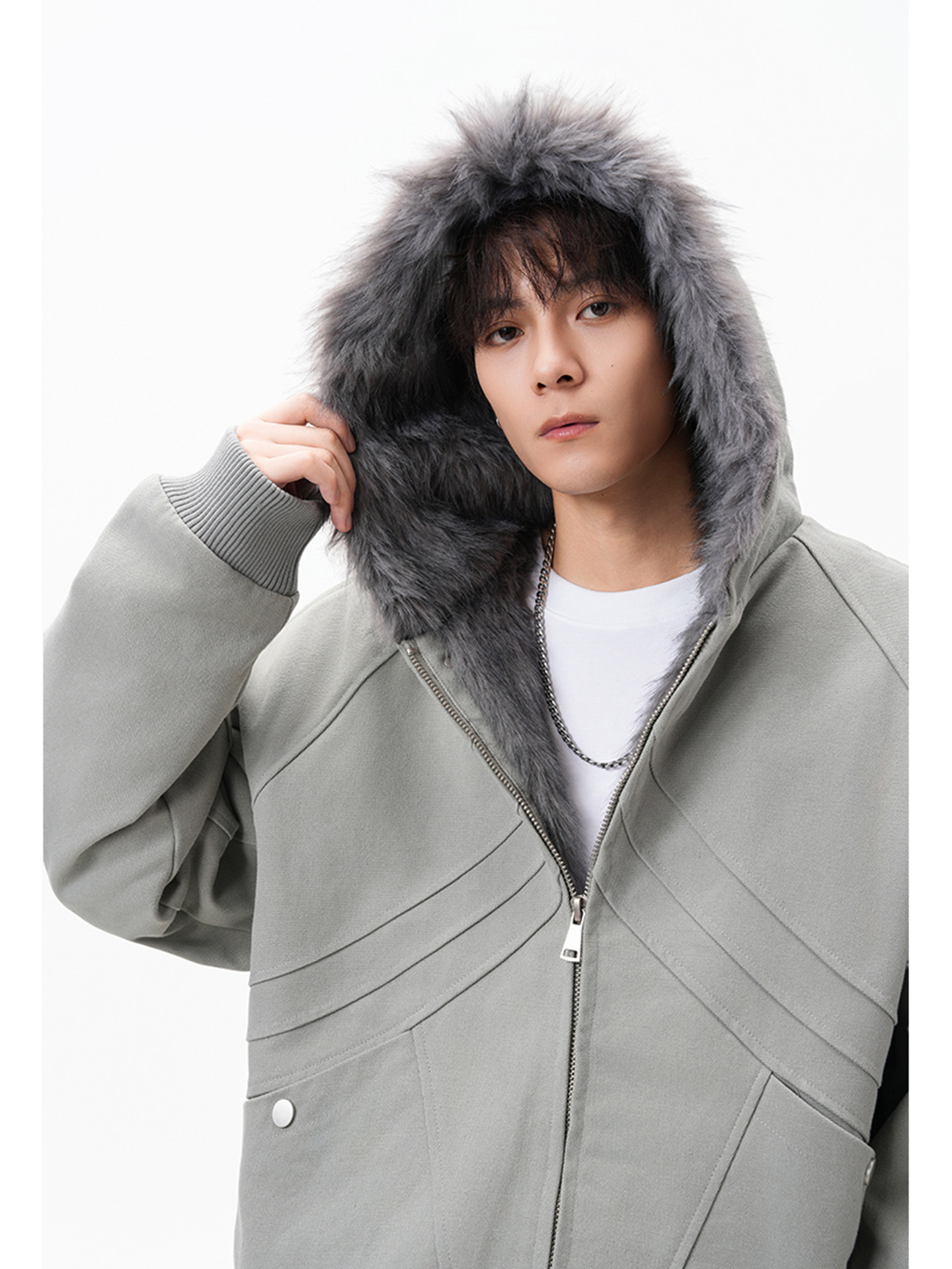 American-Style Boxy Hooded Cotton Jacket for Men, Winter, Cool and Stylish, Faux Rabbit Fur, Fleece-Lined, Warm Jacket