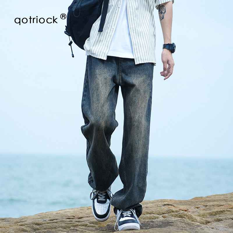 Qotriock Spring New Vintage Washed Jeans for Men 2026 American Straight Casual Long Pants Men's Style