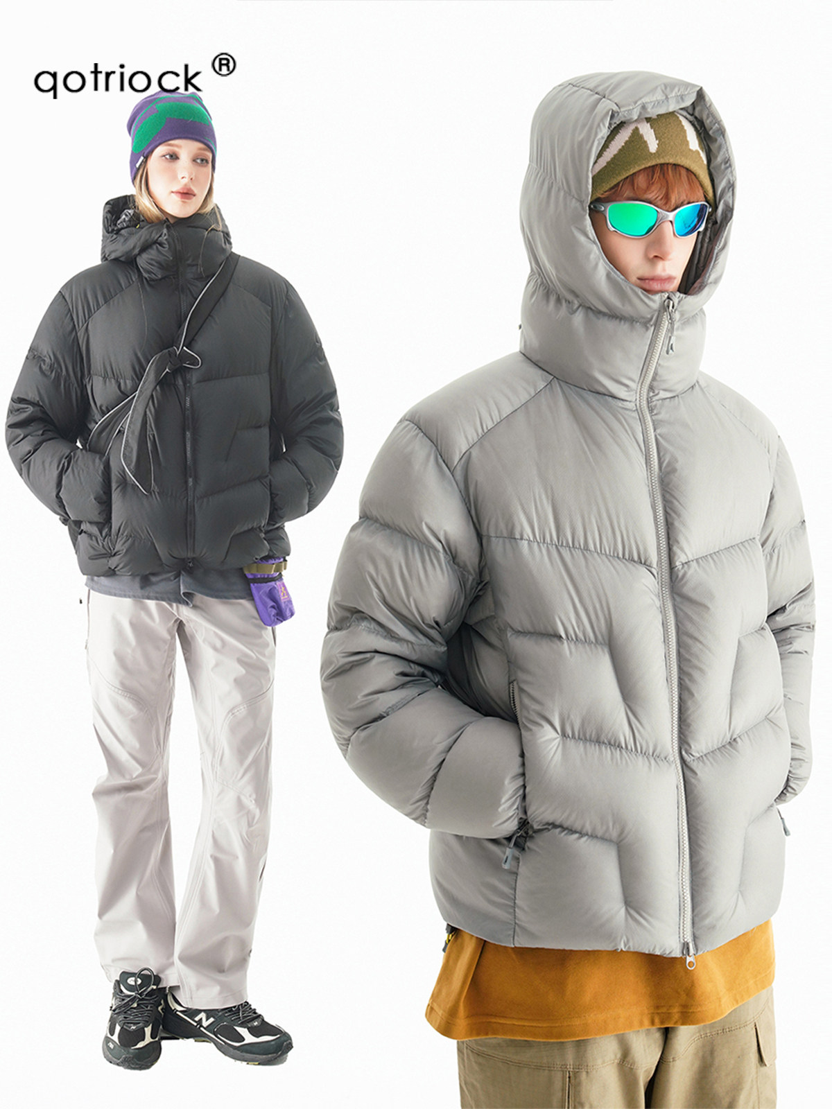 90% White Duck down Outdoor Windproof Hooded down Jacket for Men and Women, Winter Trendy Lightweight Warm Stand-Up Collar Puffer Jacket