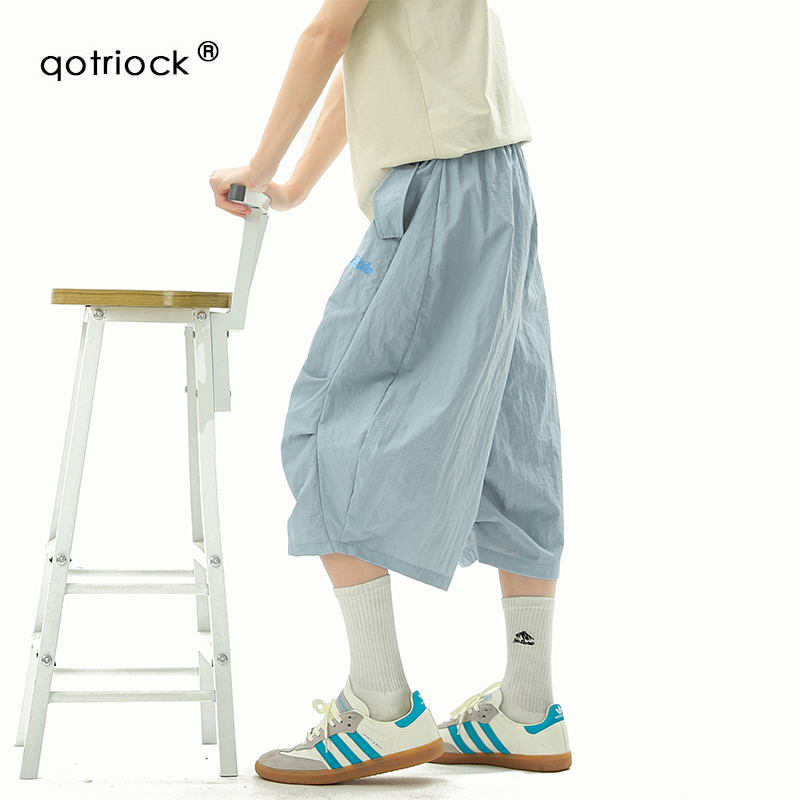 ドーパミン速乾性刺繍入りマチェーテクロップドパンツ、男女兼用、夏用クールワイドレッグビーチパンツ、スポーツ用膝丈ショートパンツ