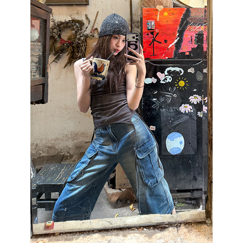 American Retro Multi-Pocket Workwear Cropped Jeans for Women, New Spring Style, Low-Waist, Slimming, Loose Straight-Leg Wide-Leg Pants